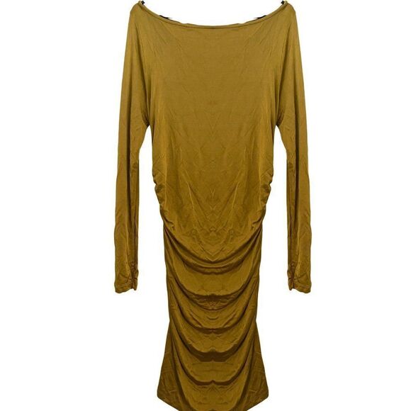 Like New Gold Draped Cowl Neck Slinky Ruched Midi Dress (Please see pix) - Picture 6 of 8